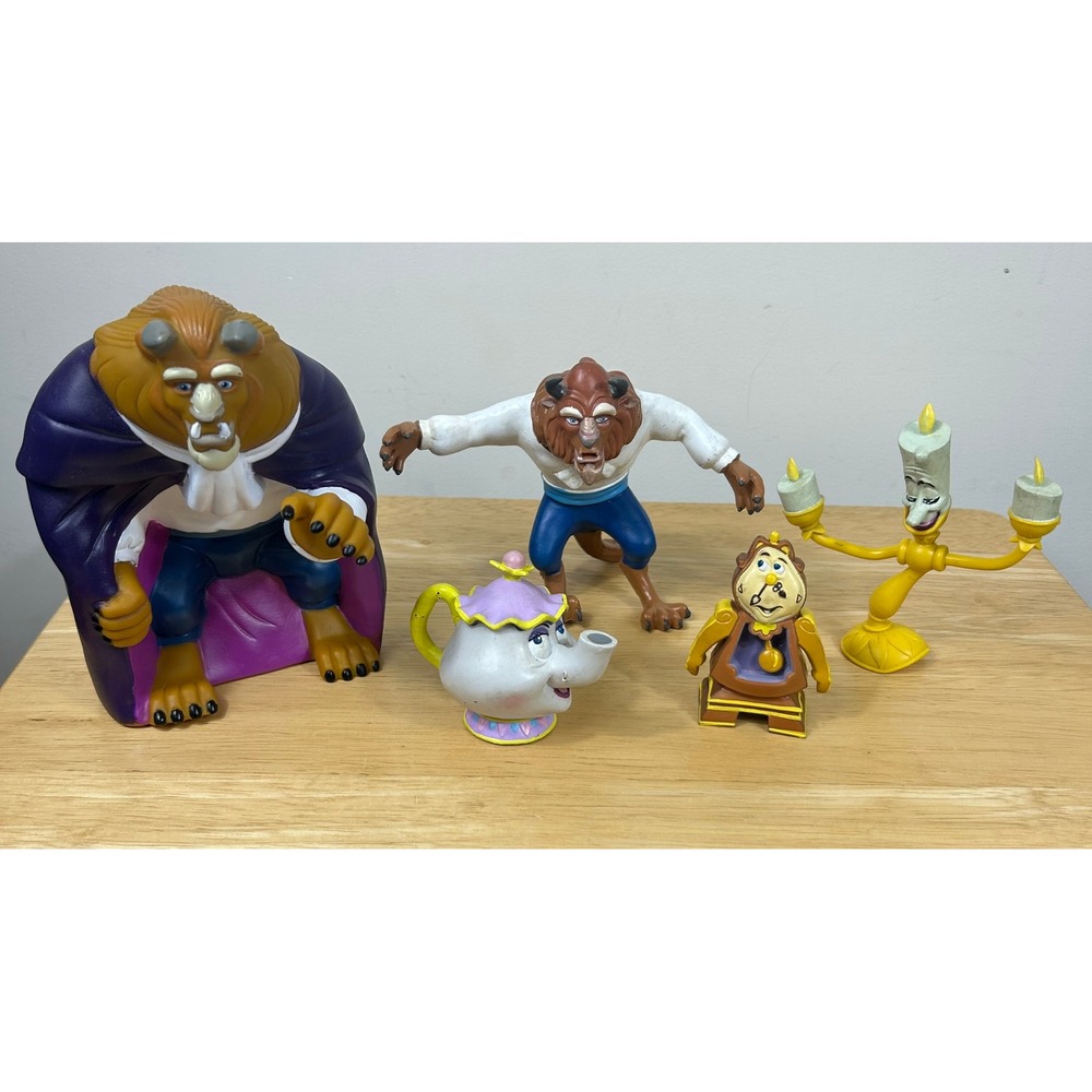VTG Disney Beauty and the Beast Bend-Em Figures & Beast Hand Puppet SET/5 90s
